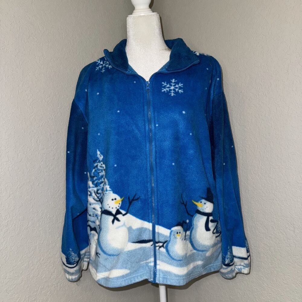 Christmas‎ Fleece Jacket Women's Large Blue Winter Snowman Long Sleeve Full Zip